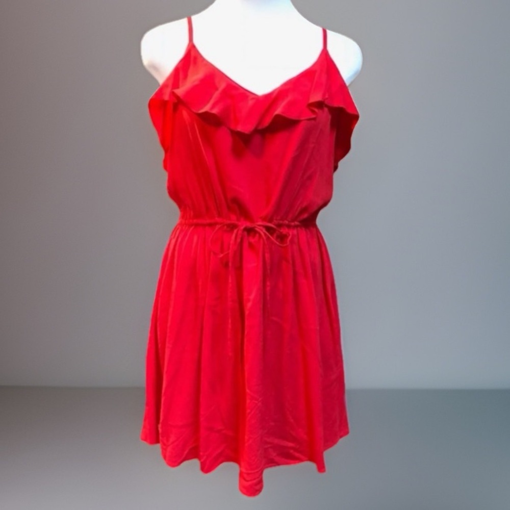 H&M Coral Red Ruffle Cinch Tie Waist Sexy Summer Cami Tank Mini Dress 12